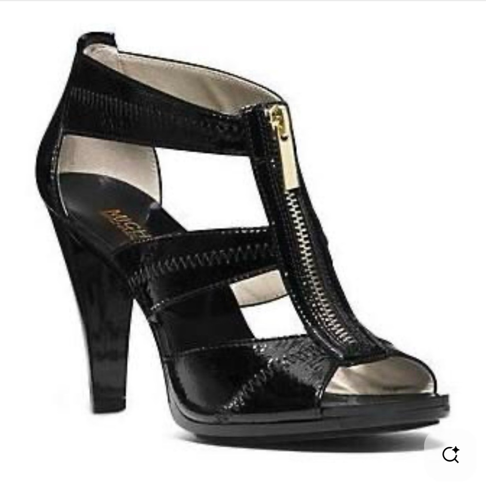 NWOB Michael Kors Women Berkley T-Strap Front Zip Black Leather Heels Size 10M
